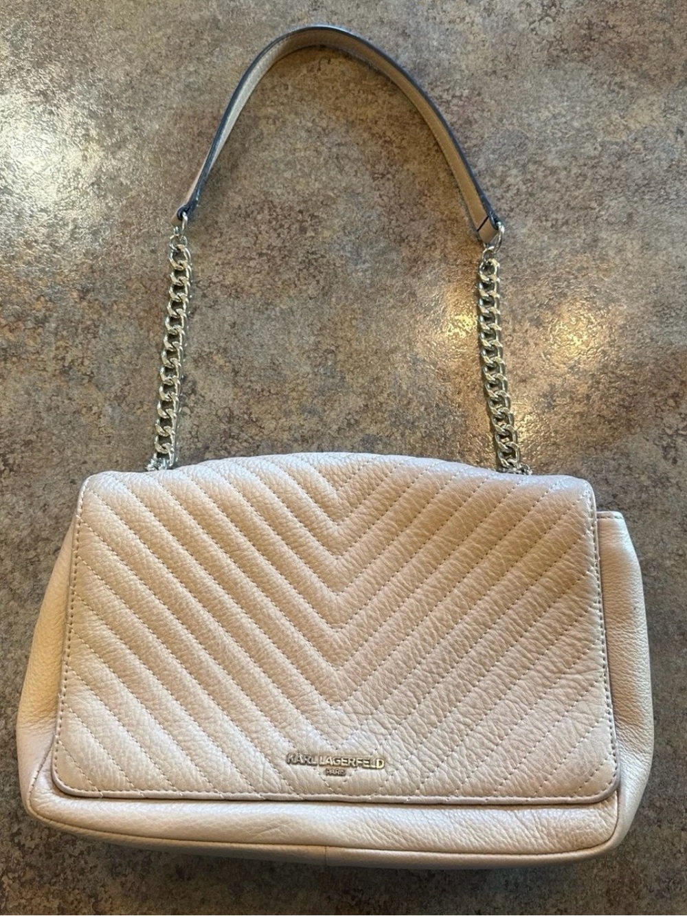 KARL LAGERFELD Quilted Chevron Cream Leather Shoulder Bag with Gold Chain